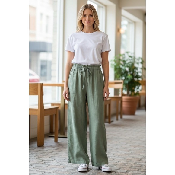 THREAD + SUPPLY Pants - Thread + Supply Pant Womens M Sage Green Wide Leg Drawstring Elastic linen blend